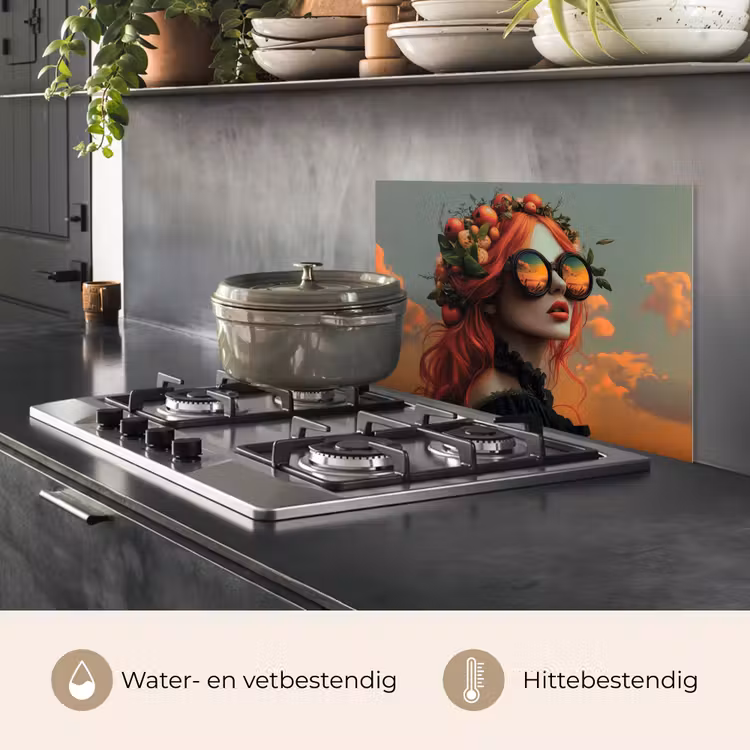 Spatscherm keuken - Vrouw - Kroon - Tomaat - Bascilicum - Zonnebril — 2