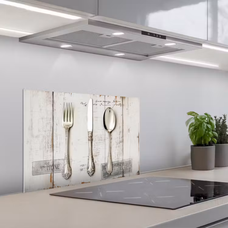 Spatscherm keuken - Zilver - Bestek - Hout — 1
