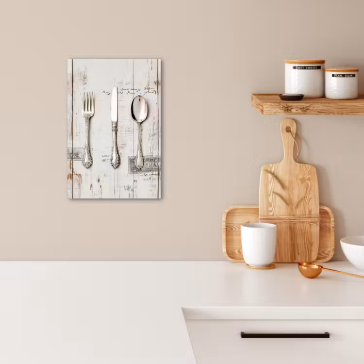 Canvas schilderij - Zilver - Bestek - Hout — 5