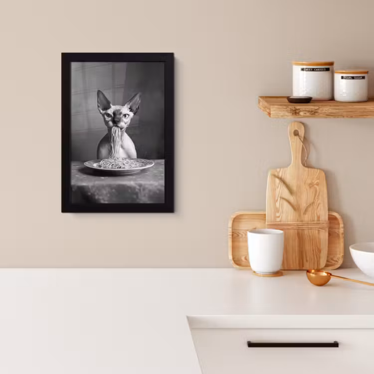 Poster met lijst - Sphynx - Kat - Dieren - Humor - Spaghetti - Zwart Wit — 2