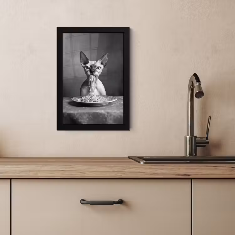 Poster met lijst - Sphynx - Kat - Dieren - Humor - Spaghetti - Zwart Wit — 4
