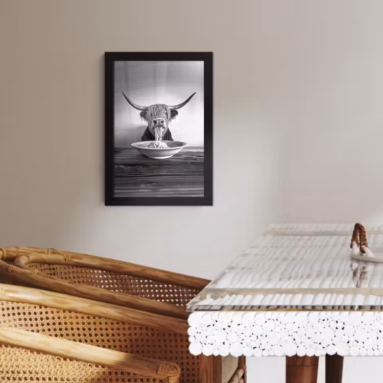 Poster met lijst - Schotse Hooglander - Spaghetti - Dieren - Zwart wit — 2