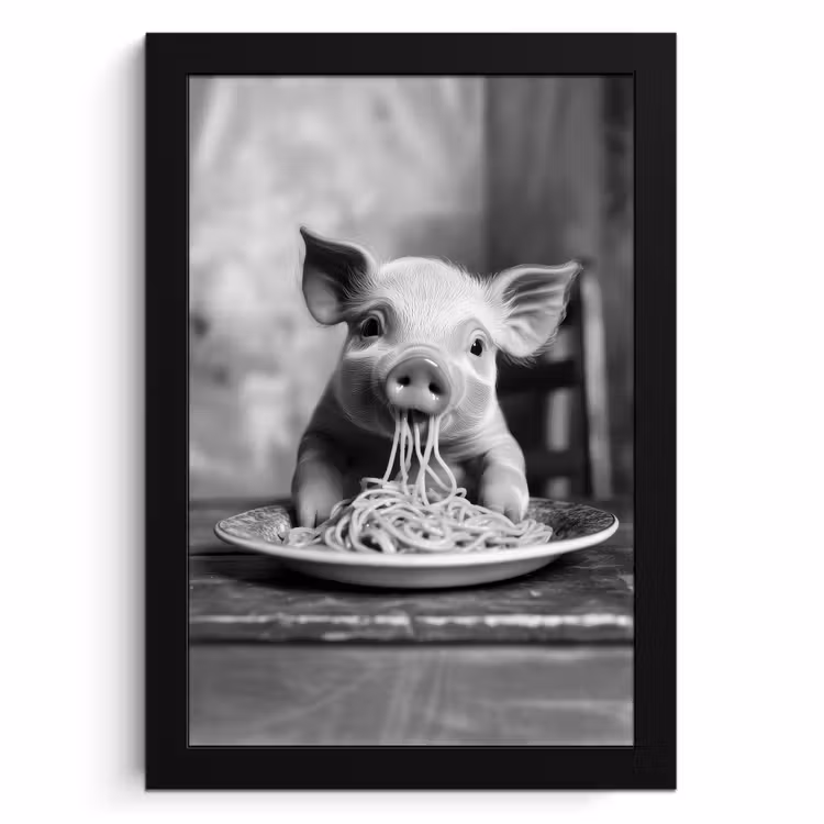 Poster met lijst - Varken - Schattig - Spaghetti - Zwart wit - Dier — 1
