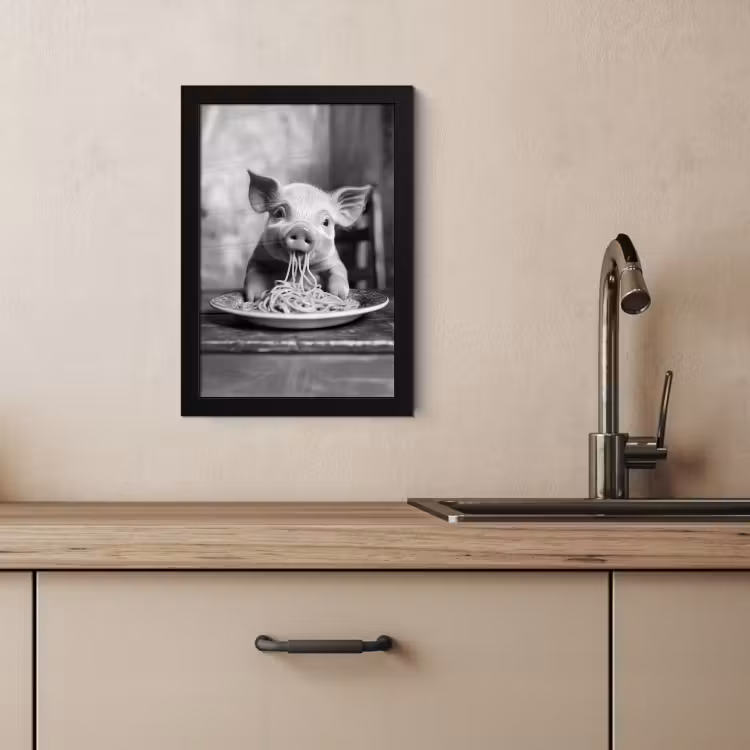 Poster met lijst - Varken - Schattig - Spaghetti - Zwart wit - Dier — 2