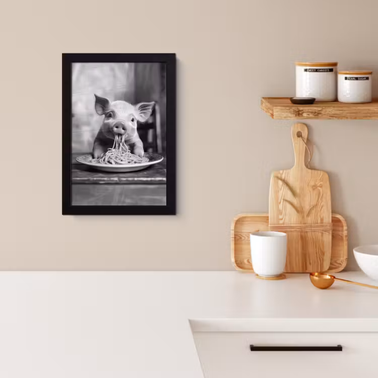Poster met lijst - Varken - Schattig - Spaghetti - Zwart wit - Dier — 3