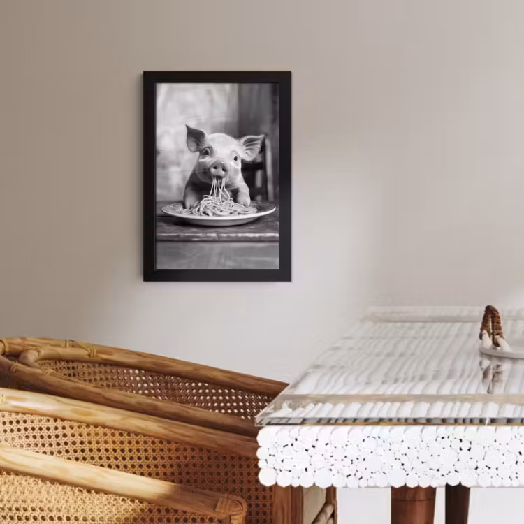 Poster met lijst - Varken - Schattig - Spaghetti - Zwart wit - Dier — 4