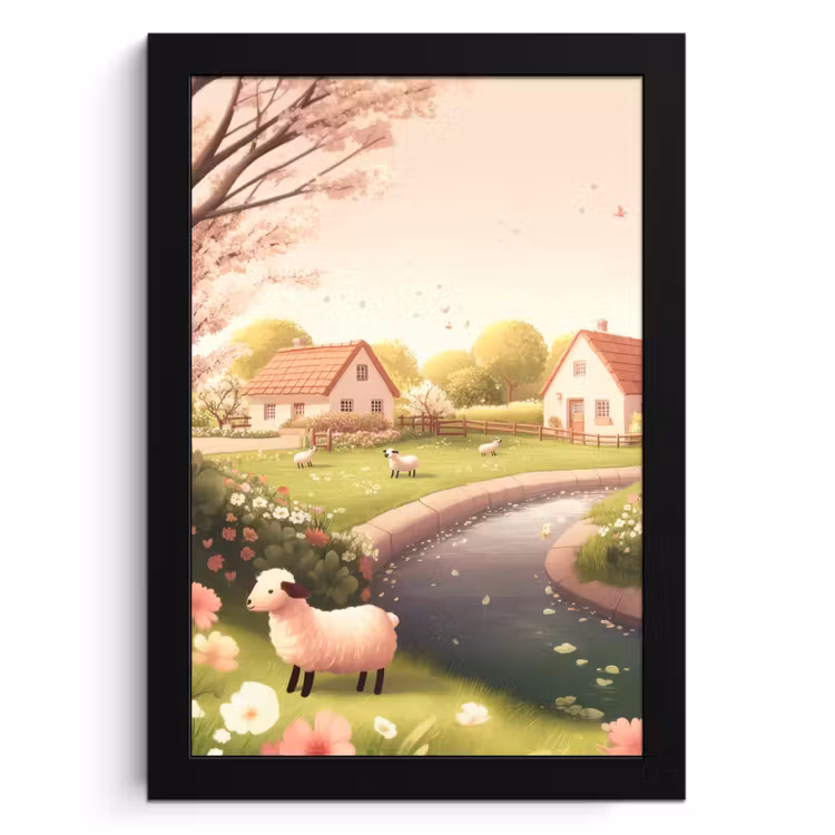 Poster met lijst - Schapen - Huisje - Platteland — 1