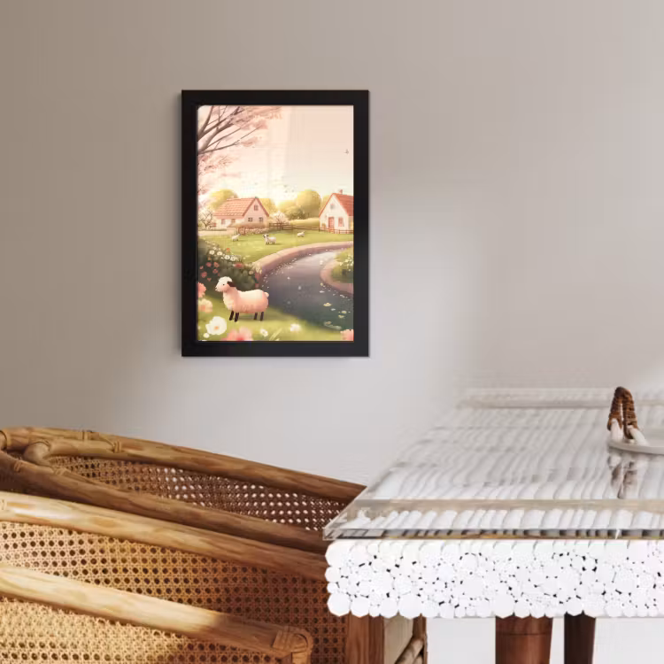 Poster met lijst - Schapen - Huisje - Platteland — 2