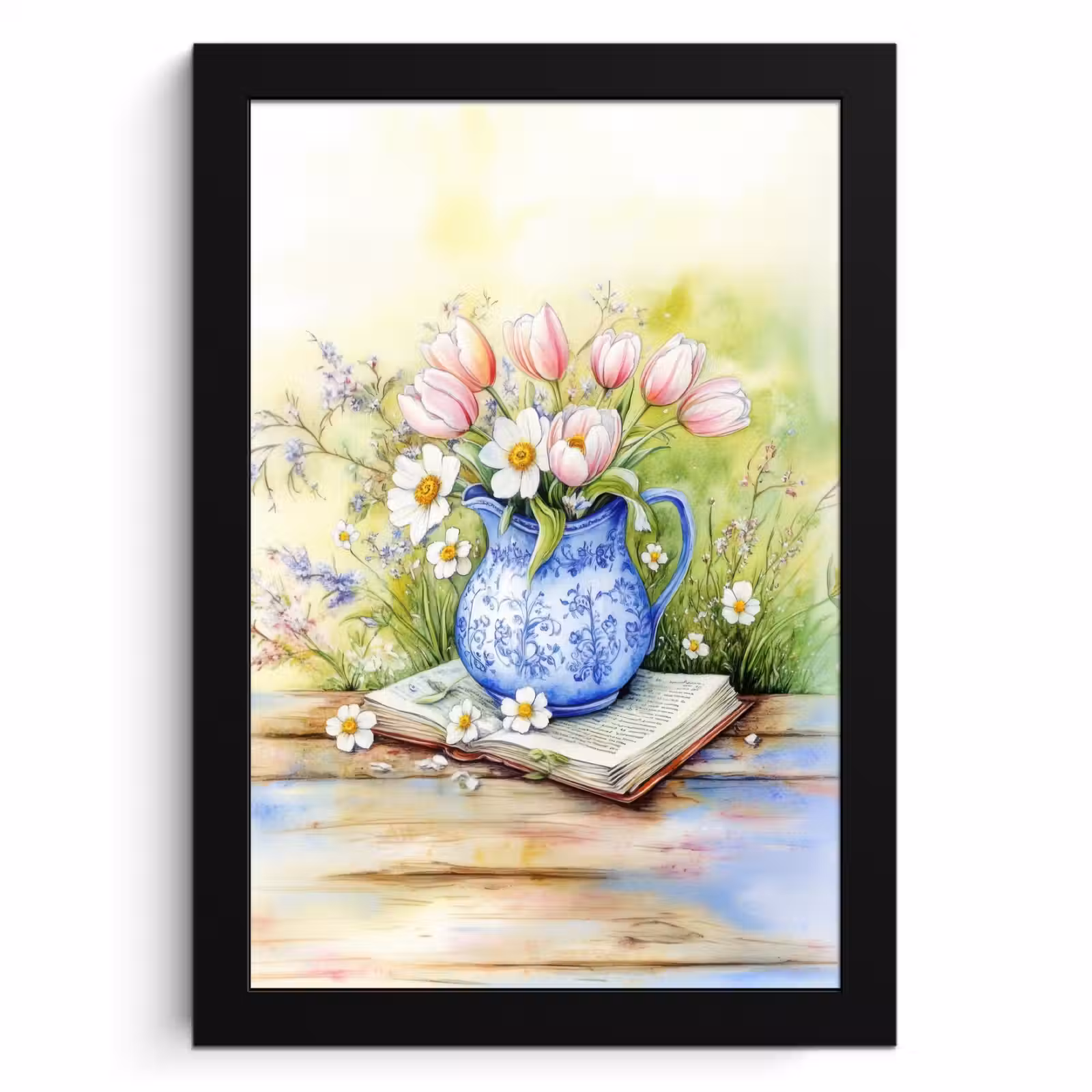 Poster met lijst - Vaas - Delftsblauw - Madeliefjes — 1