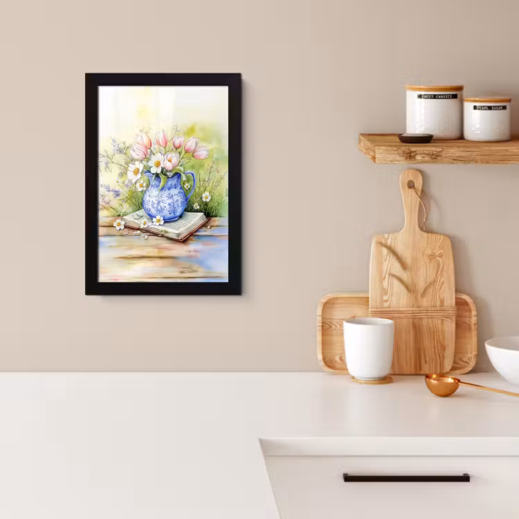 Poster met lijst - Vaas - Delftsblauw - Madeliefjes — 2