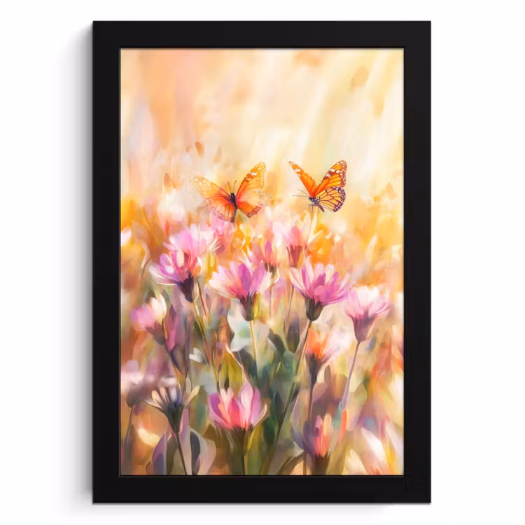 Poster met lijst - Vlinders - Oranje - Bloemen — 1