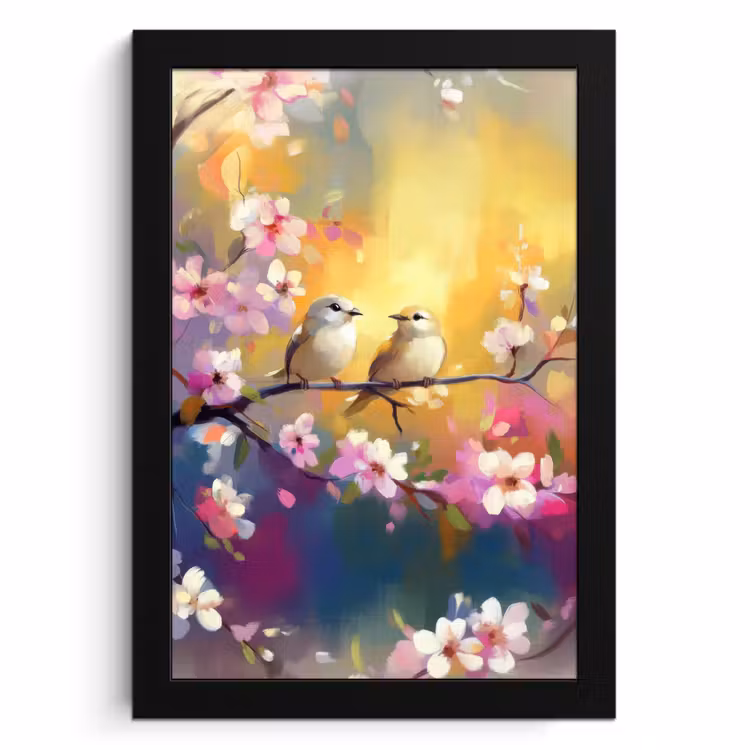 Poster met lijst - Vogels - Bloemen - Roze — 1
