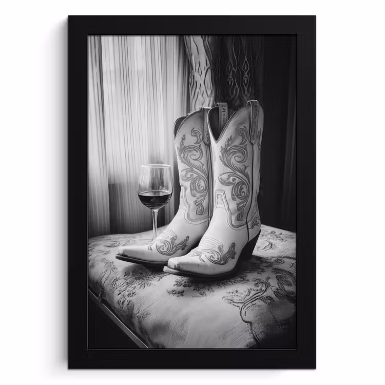 Poster met lijst - Wijn - Cowboylaarzen - Raamlicht - Wit — 1