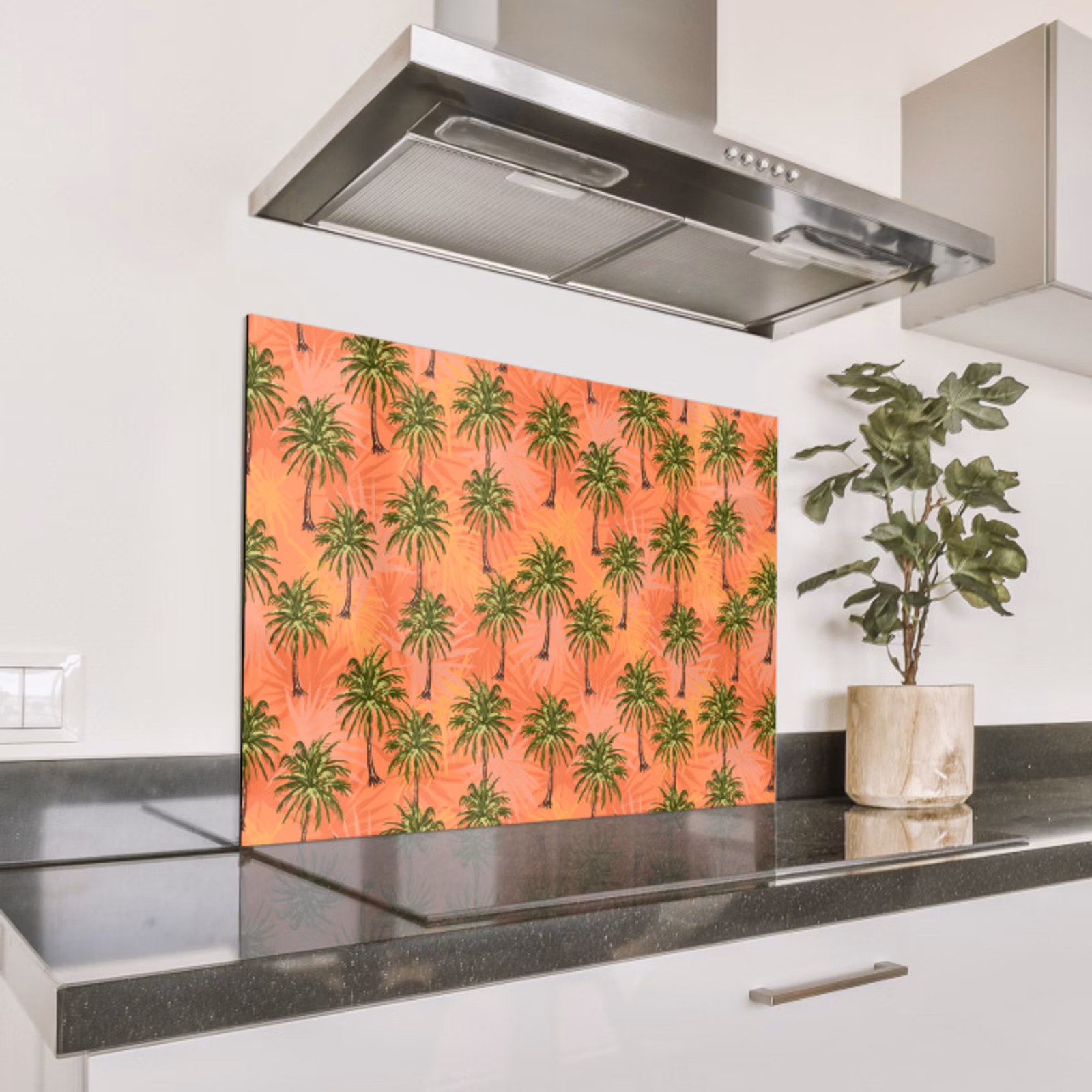 Spatscherm keuken - Nostalgisch - Kust - Zee - Palmbomen - Oranje - Geel — 1