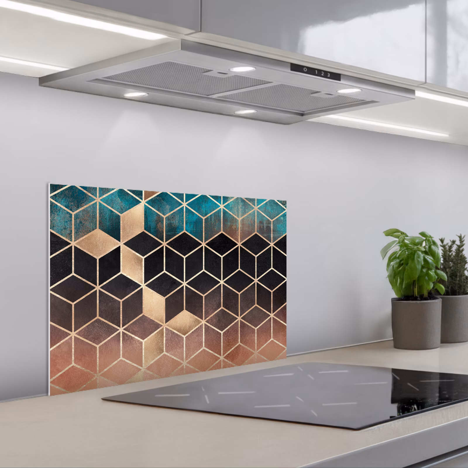 Spatscherm keuken - Abstract - Kubus - Goud - Patronen - Luxe — 1