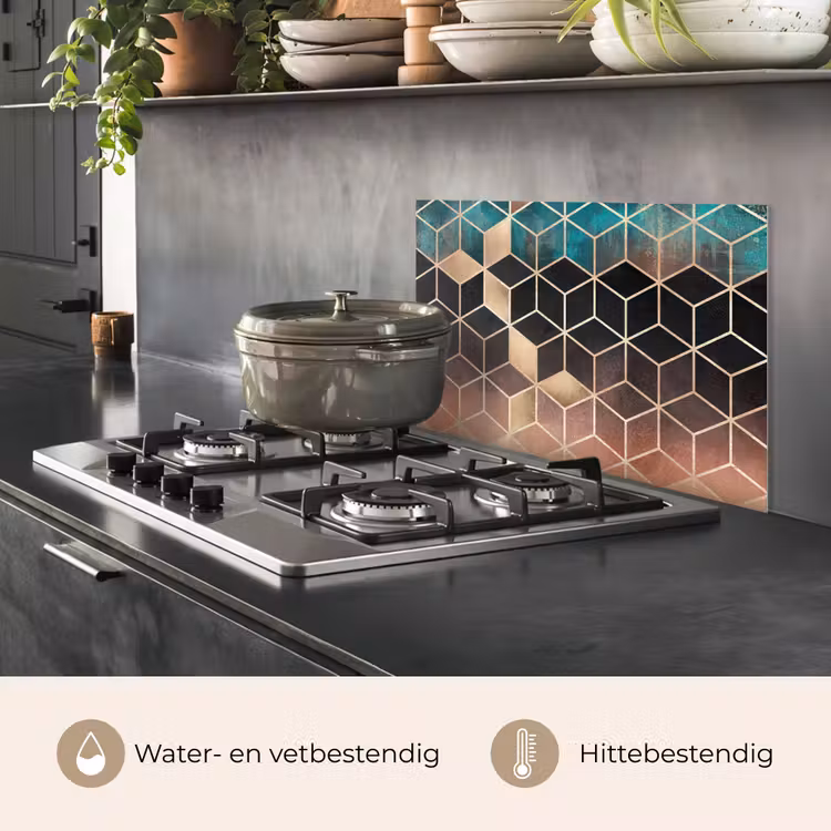 Spatscherm keuken - Abstract - Kubus - Goud - Patronen - Luxe — 2