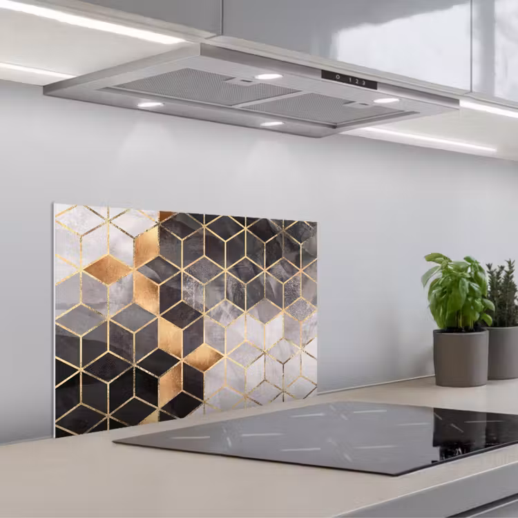 Spatscherm keuken - Abstract - Kubus - Goud - Patronen - Zwart - Wit — 1