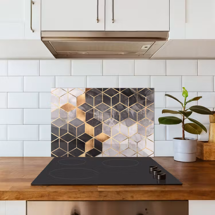 Spatscherm keuken - Abstract - Kubus - Goud - Patronen - Zwart - Wit — 3