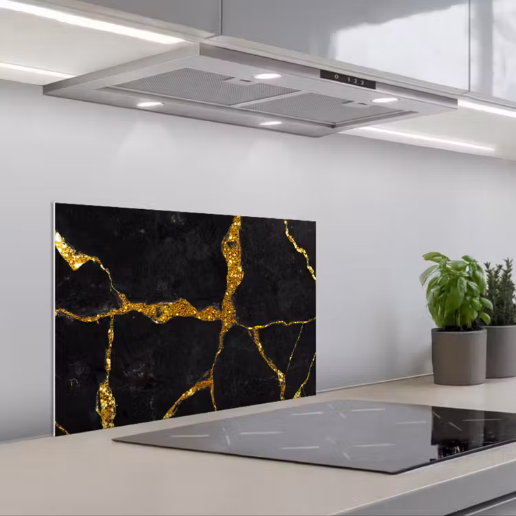Spatscherm keuken - Marmer - Goud - Zwart - Marmerlook - Glitter — 1