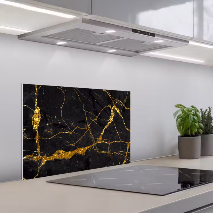 Spatscherm keuken - Marmer - Goud - Zwart - Marmerlook - Luxe - Glitter — 1