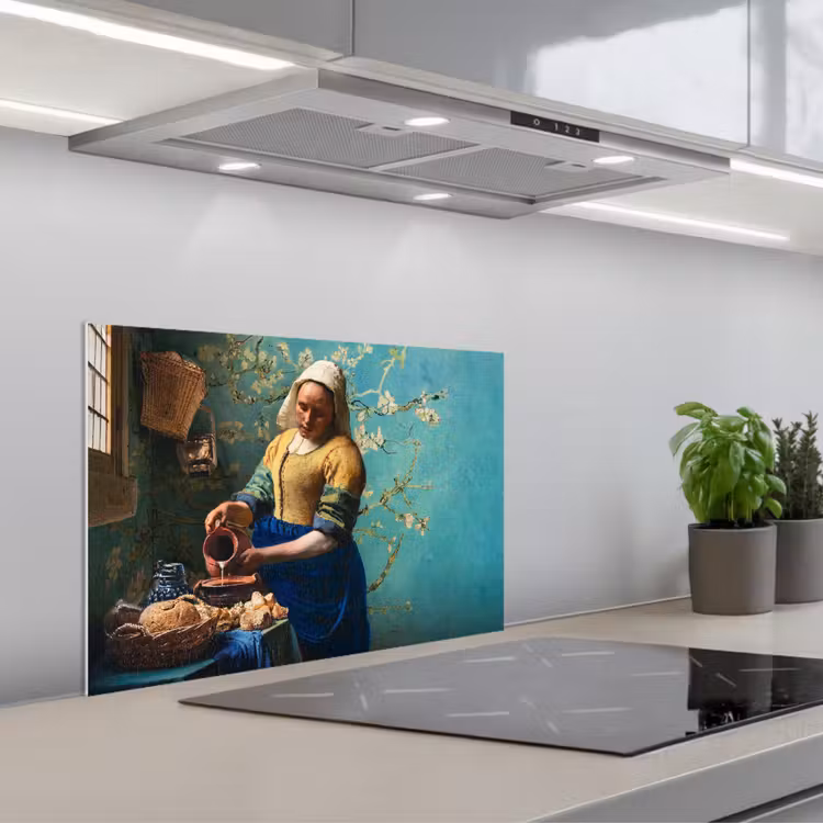 Spatscherm keuken - Het Melkmeisje met Blauwe Achtergrond — 1