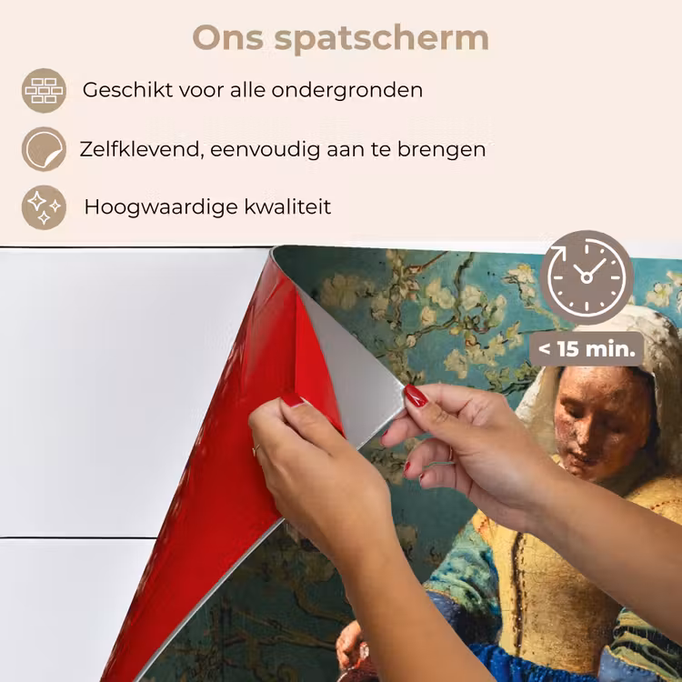 Spatscherm keuken - Het Melkmeisje met Blauwe Achtergrond — 4