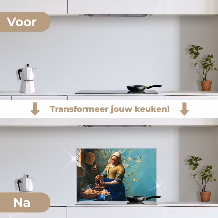 Spatscherm keuken - Het Melkmeisje met Blauwe Achtergrond — 7