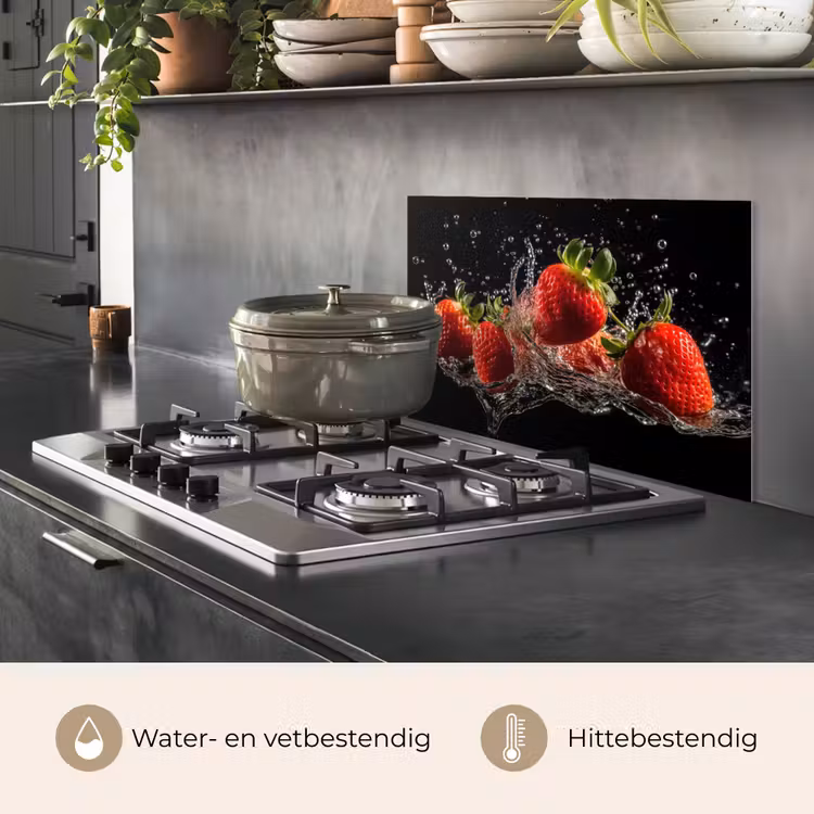 Spatscherm keuken - Aardbeien - Fruit - Rood - Water - Zwart — 2