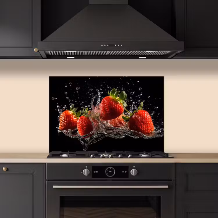 Spatscherm keuken - Aardbeien - Fruit - Rood - Water - Zwart — 5