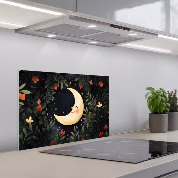 Spatscherm keuken - Maan - Bloemen - Nachthemel — 1