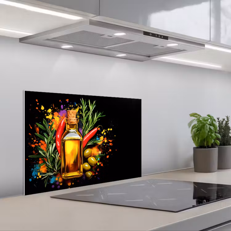 Spatscherm keuken - Olijfolie - Graffiti - Peper - Olijven - Modern — 1