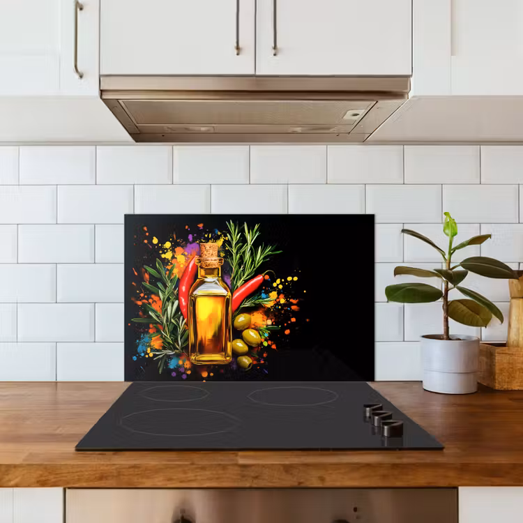 Spatscherm keuken - Olijfolie - Graffiti - Peper - Olijven - Modern — 3