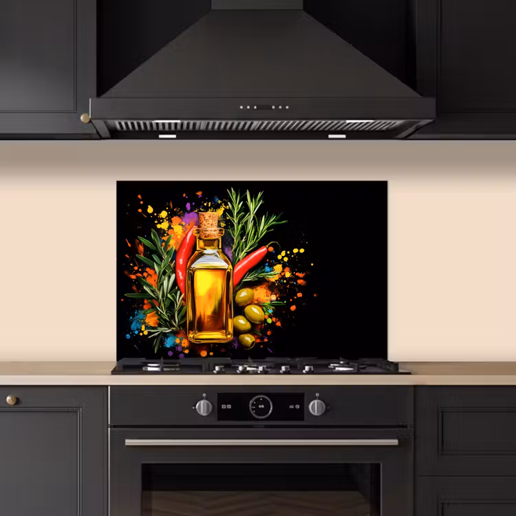Spatscherm keuken - Olijfolie - Graffiti - Peper - Olijven - Modern — 5