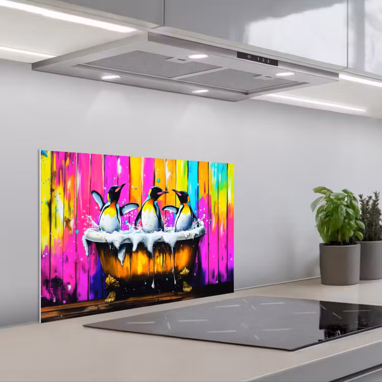 Spatscherm keuken - Pinguïns - Badkuip - Kleurrijk - Schuim — 1