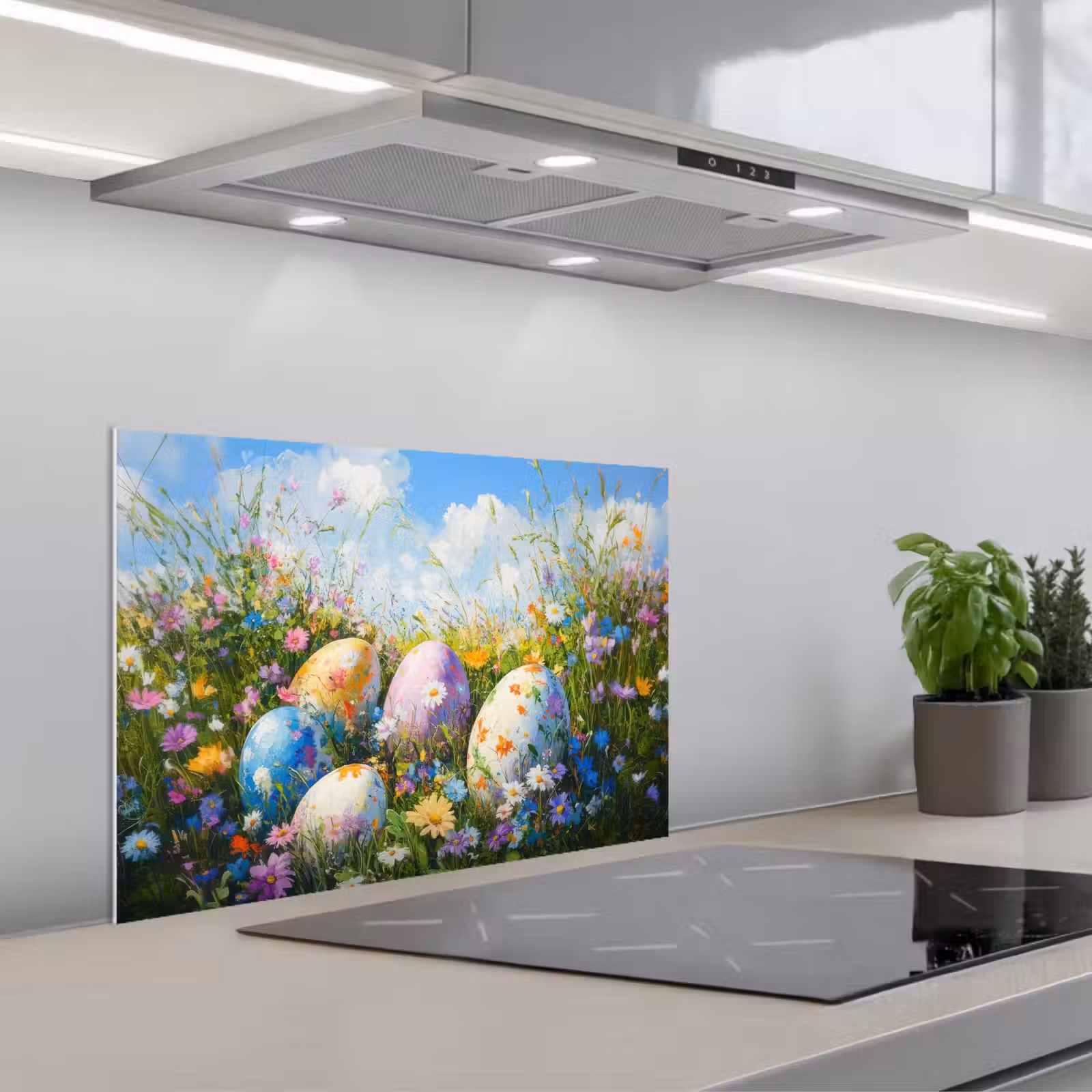 Spatscherm keuken - Grasveld - Eieren - Bloemen — 1