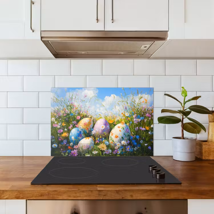 Spatscherm keuken - Grasveld - Eieren - Bloemen — 3