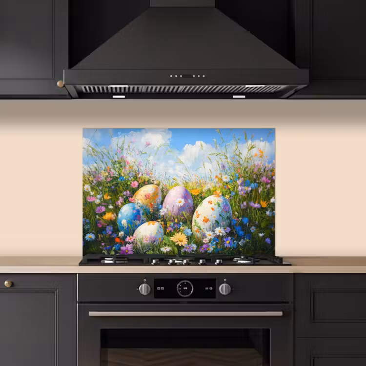 Spatscherm keuken - Grasveld - Eieren - Bloemen — 5