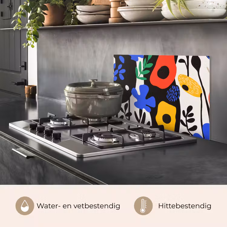 Spatscherm keuken - Bloemen - Bladeren - Abstract - Zwart — 2