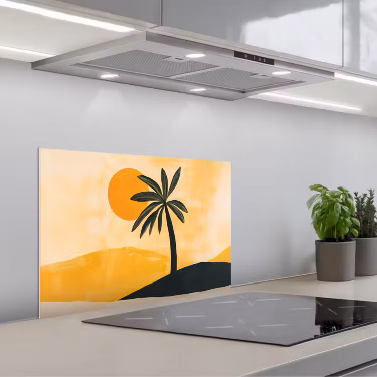 Spatscherm keuken - Illustratie - Palmboom - Zon - Heuvels — 1