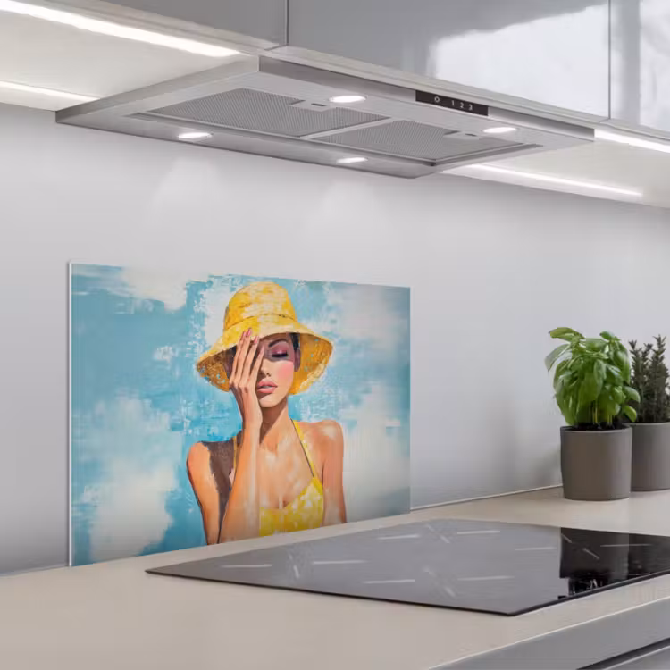 Spatscherm keuken - Schilderij - Vrouw - Hoed - Geel — 1