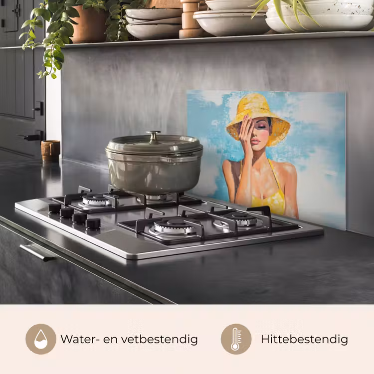 Spatscherm keuken - Schilderij - Vrouw - Hoed - Geel — 2