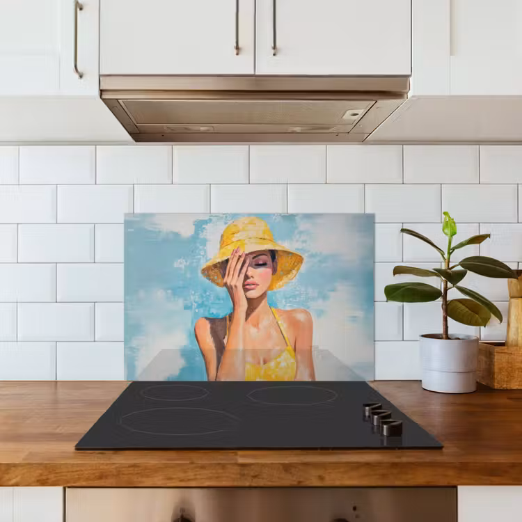 Spatscherm keuken - Schilderij - Vrouw - Hoed - Geel — 3