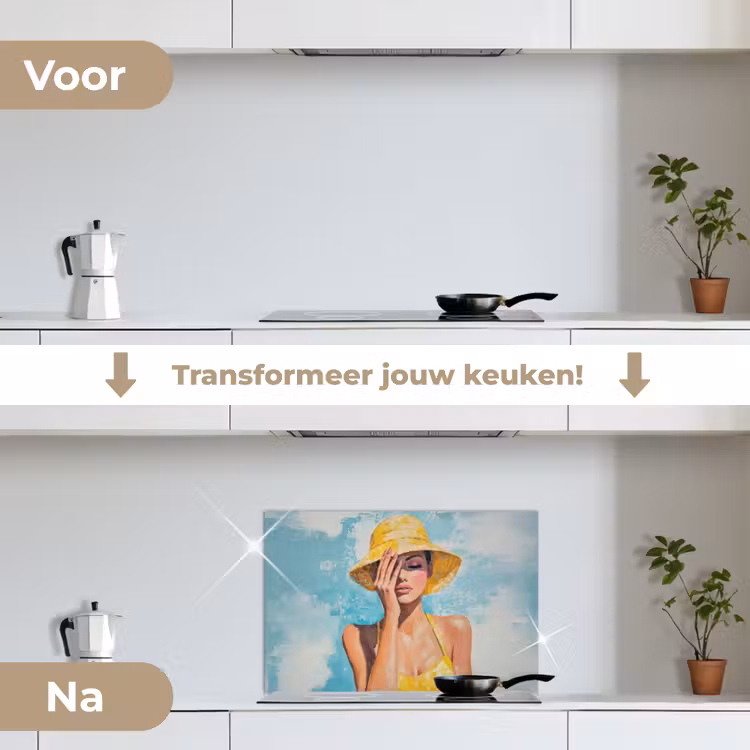 Spatscherm keuken - Schilderij - Vrouw - Hoed - Geel — 7