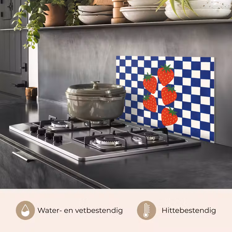 Spatscherm keuken - Geblokt - Blauw - Aardbeien — 2
