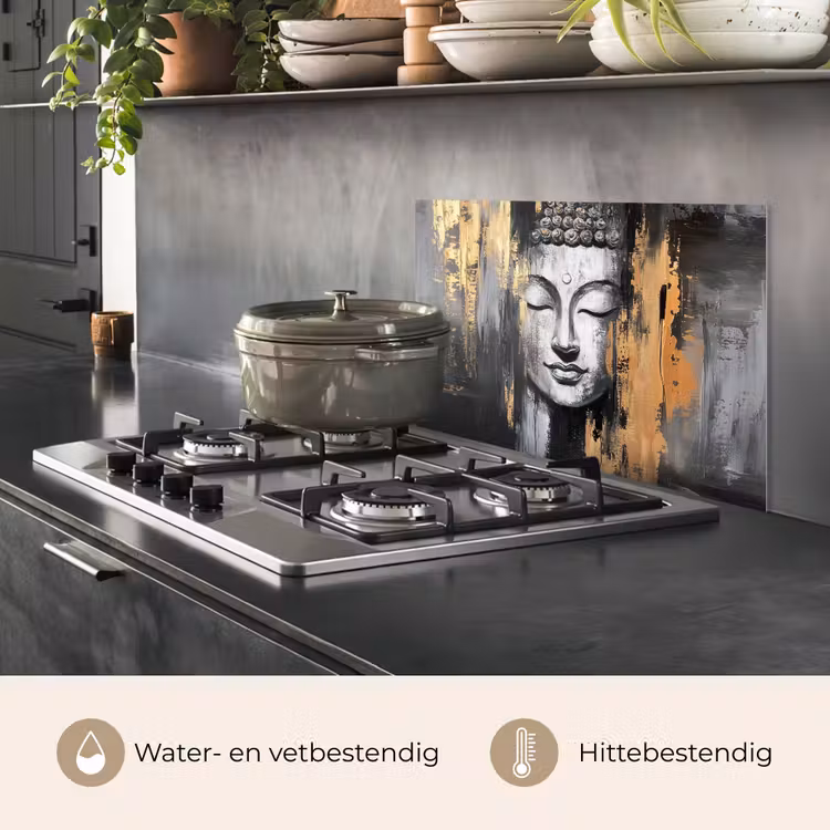 Spatscherm keuken - Boedhha - Penseelstreken - Goud - Abstract — 2
