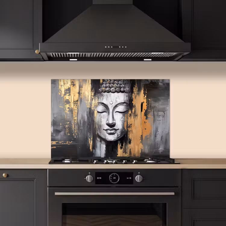 Spatscherm keuken - Boedhha - Penseelstreken - Goud - Abstract — 5