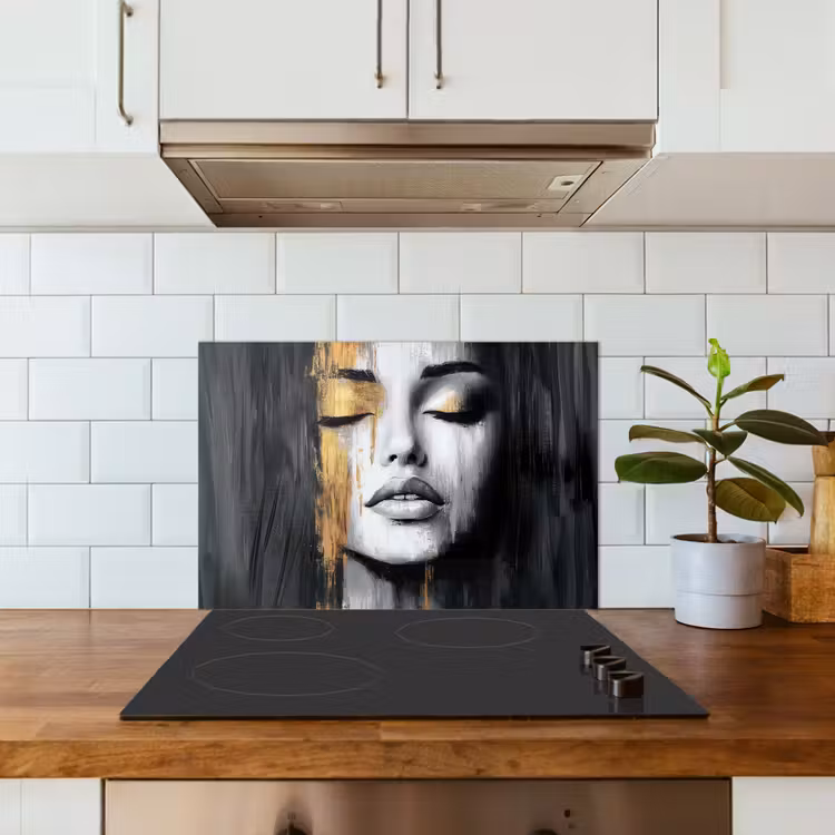Spatscherm keuken - Gezicht - Vrouw - Penseelstreken - Abstract — 3