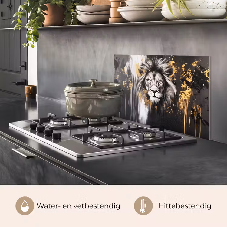 Spatscherm keuken - Leeuw - Portret - Verfspatten - Grijs — 2