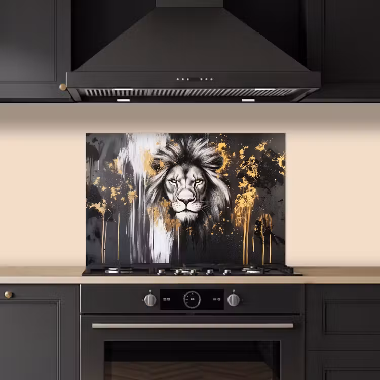 Spatscherm keuken - Leeuw - Portret - Verfspatten - Grijs — 5