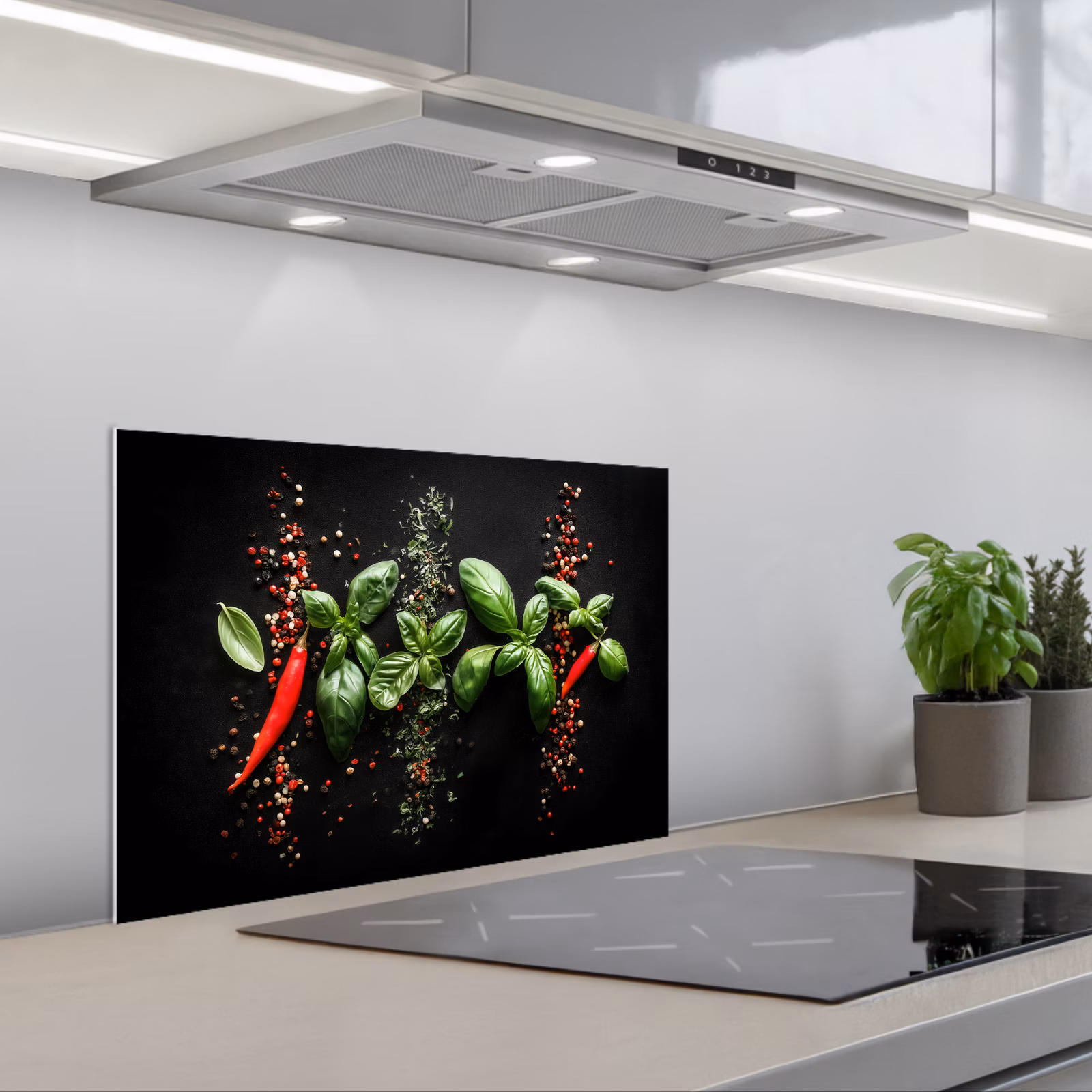 Spatscherm keuken - Chilipepers - Basilicum - Blaadjes - Rood — 1